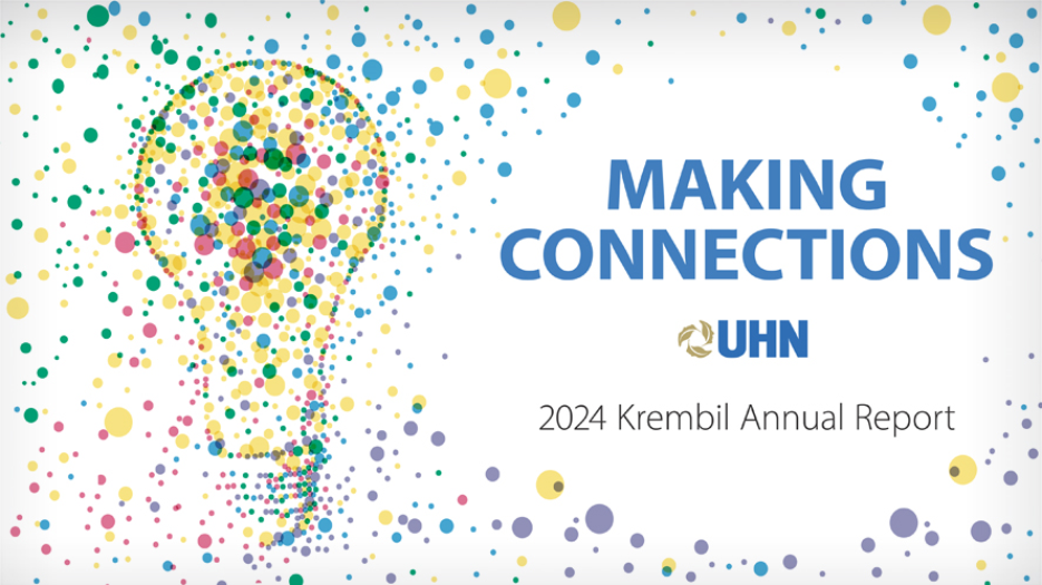 Blue text that says 'Making Connections' with UHN logo on a white background with an illustration of a lightbulb and multicolored dots